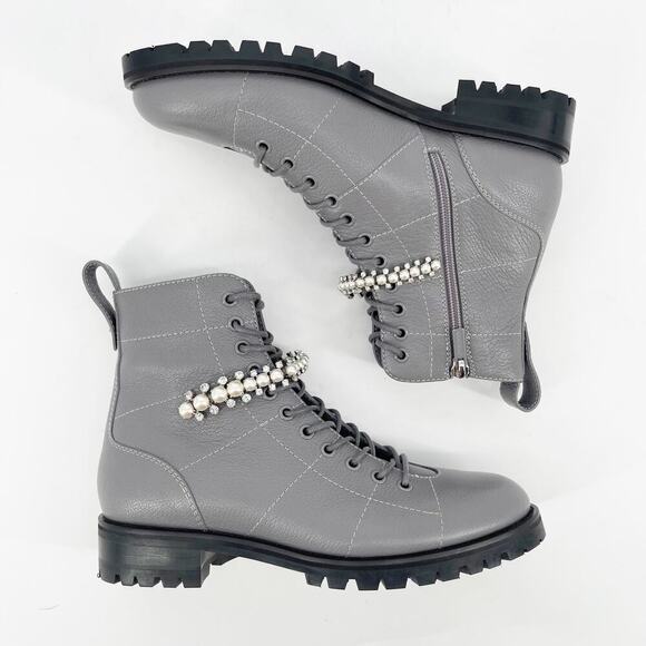 Jimmy Choo Gray Leather Cruz Flat Pearl-embellished Ankle Boots Grey IT 39.5 - Picture 4 of 16
